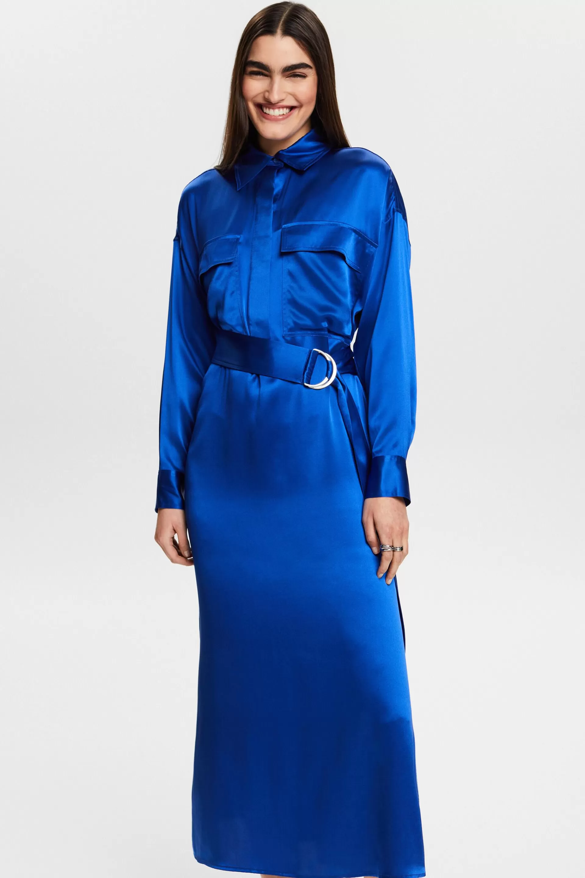 Midikleid aus Seidensatin mit Gürtel-ESPRIT Best Sale