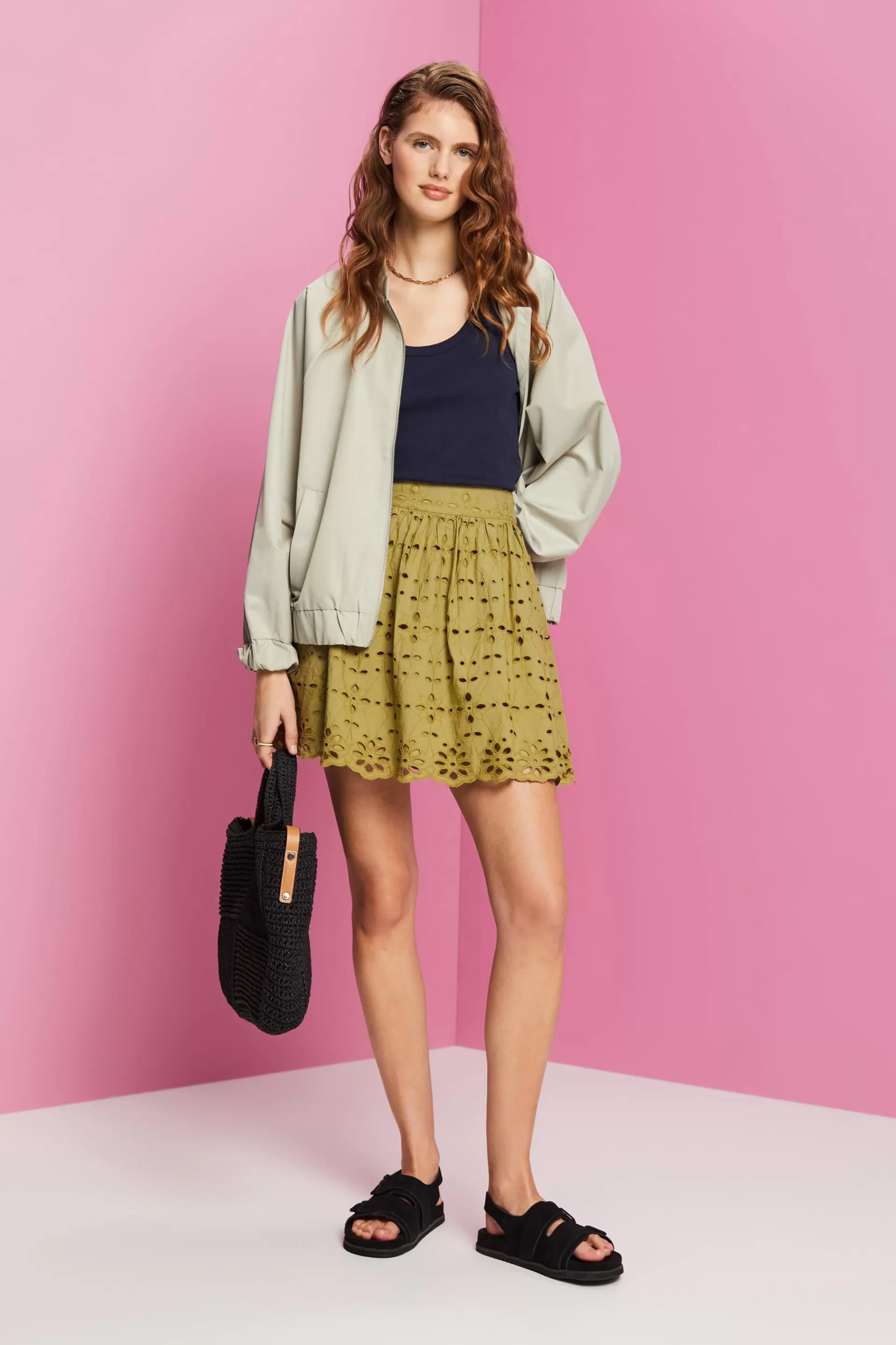 Minirock mit Lochstickerei, 100 % Baumwolle-ESPRIT Discount