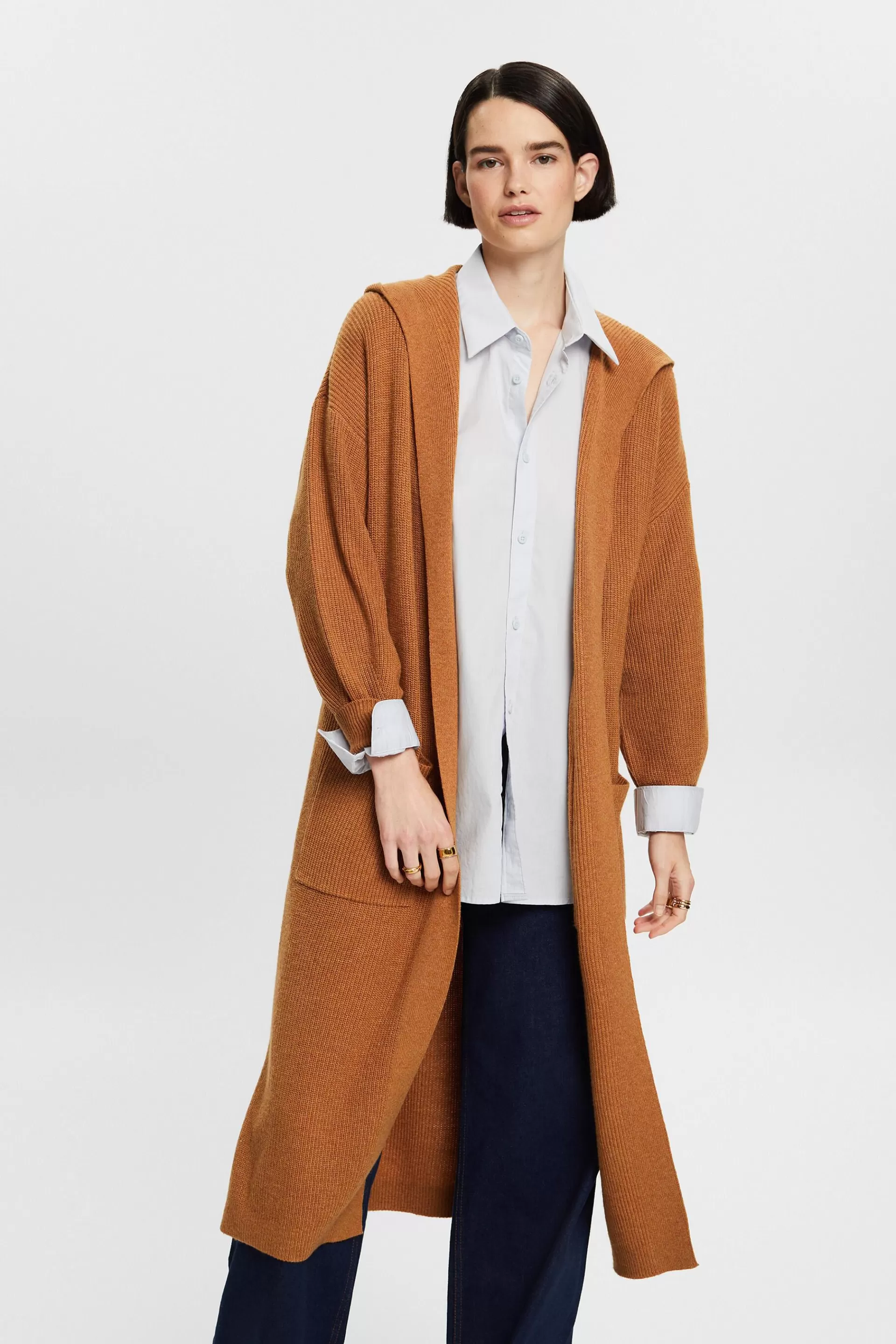 Offener, langer Cardigan mit Kapuze-ESPRIT Sale