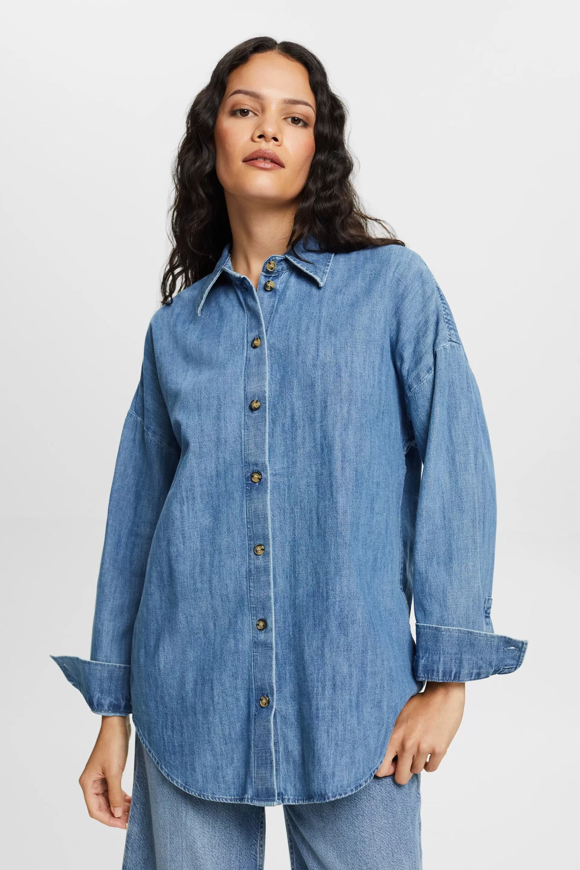 Oversized Jeans-Hemdbluse, 100 % Baumwolle-ESPRIT Outlet