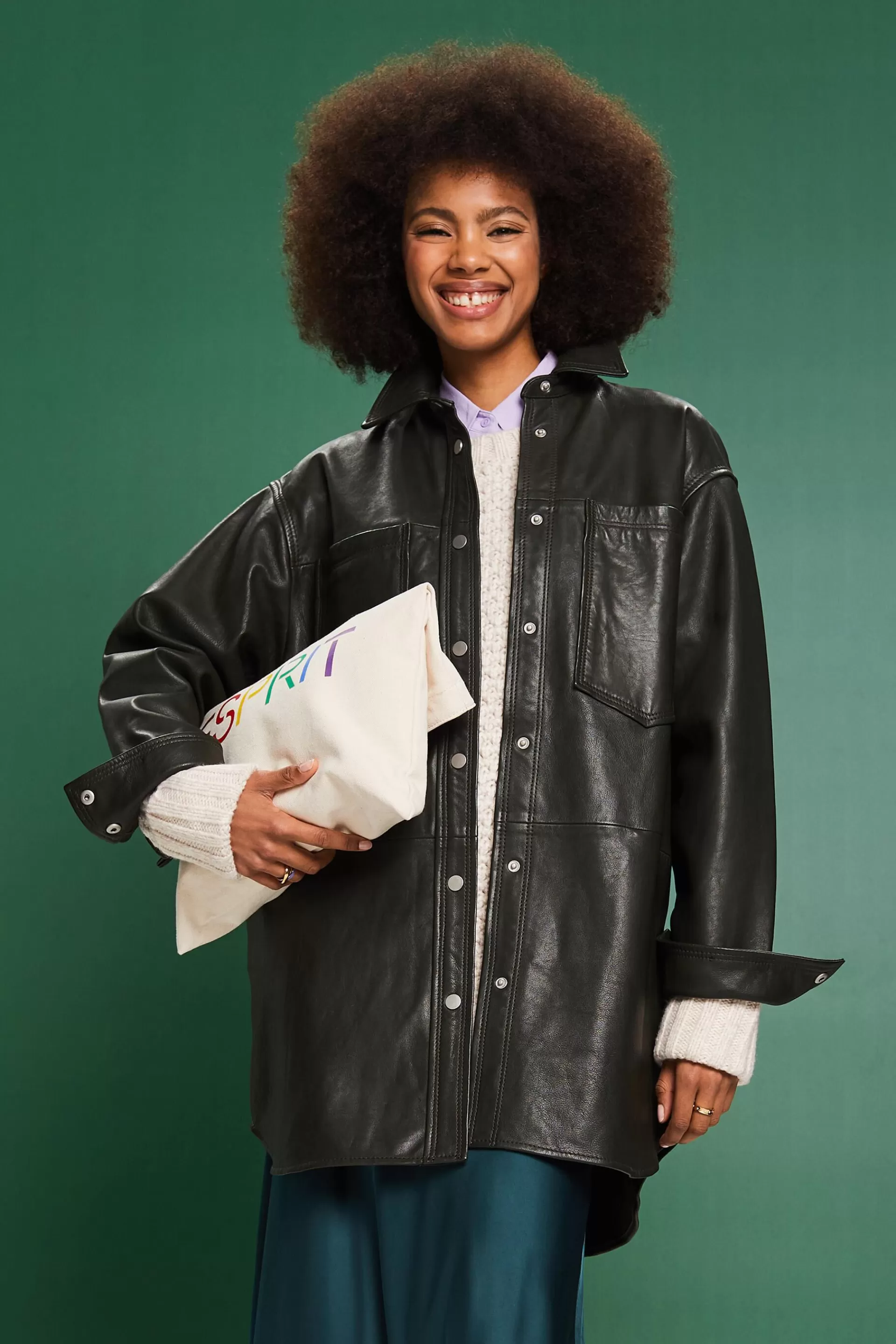 Oversize-Hemdjacke aus Leder-ESPRIT Sale