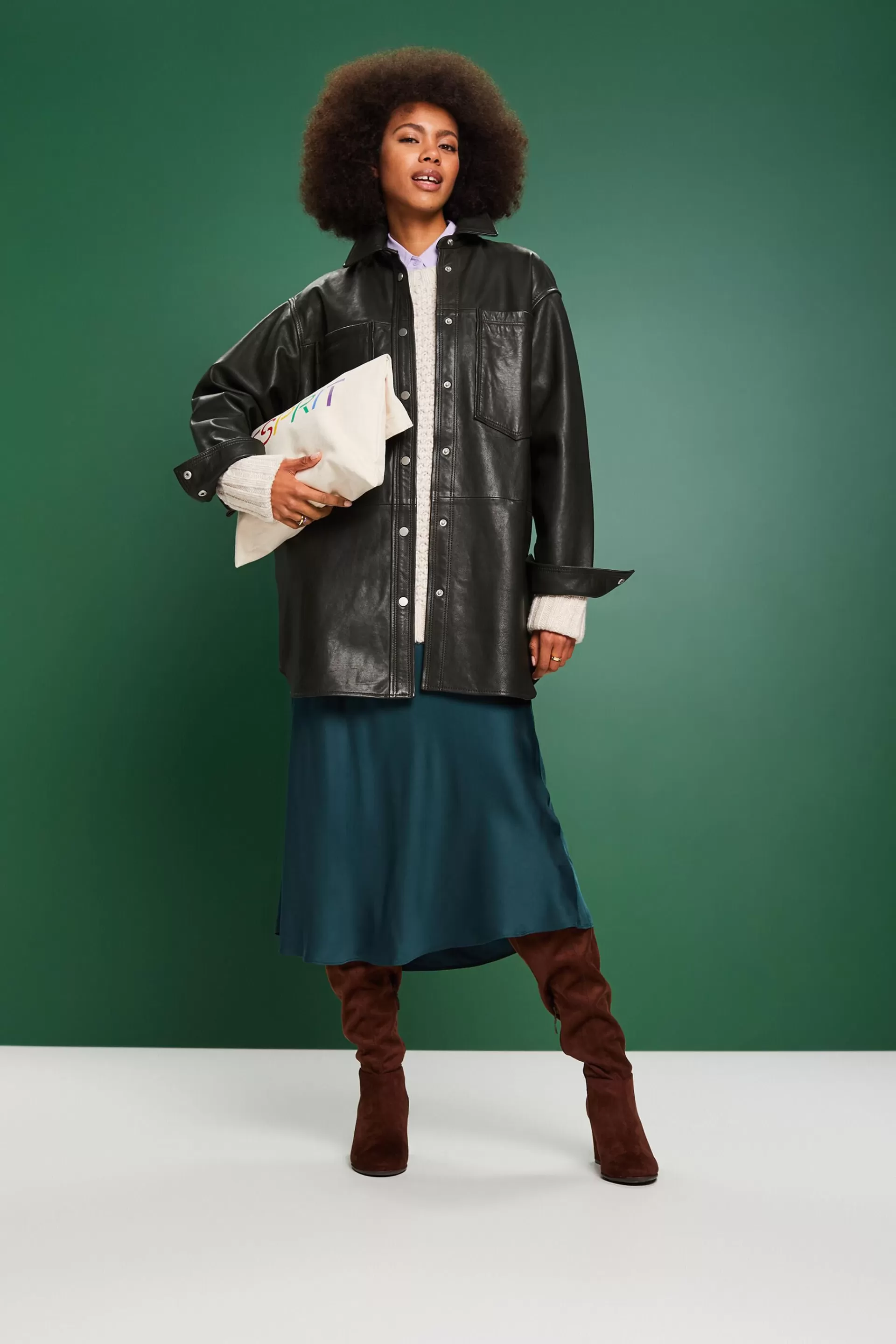 Oversize-Hemdjacke aus Leder-ESPRIT Sale