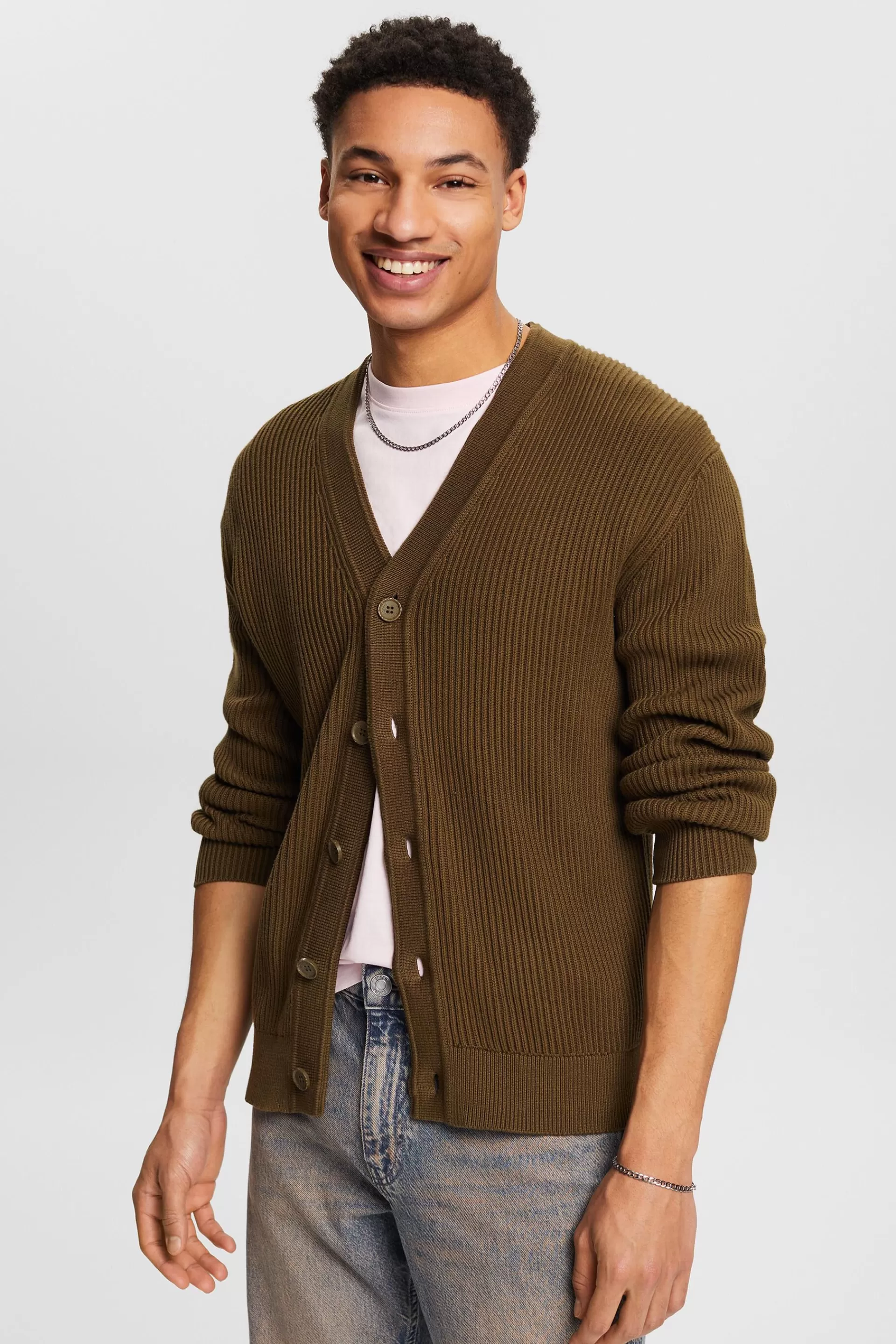 Rippstrickcardigan mit V-Ausschnitt-ESPRIT Fashion