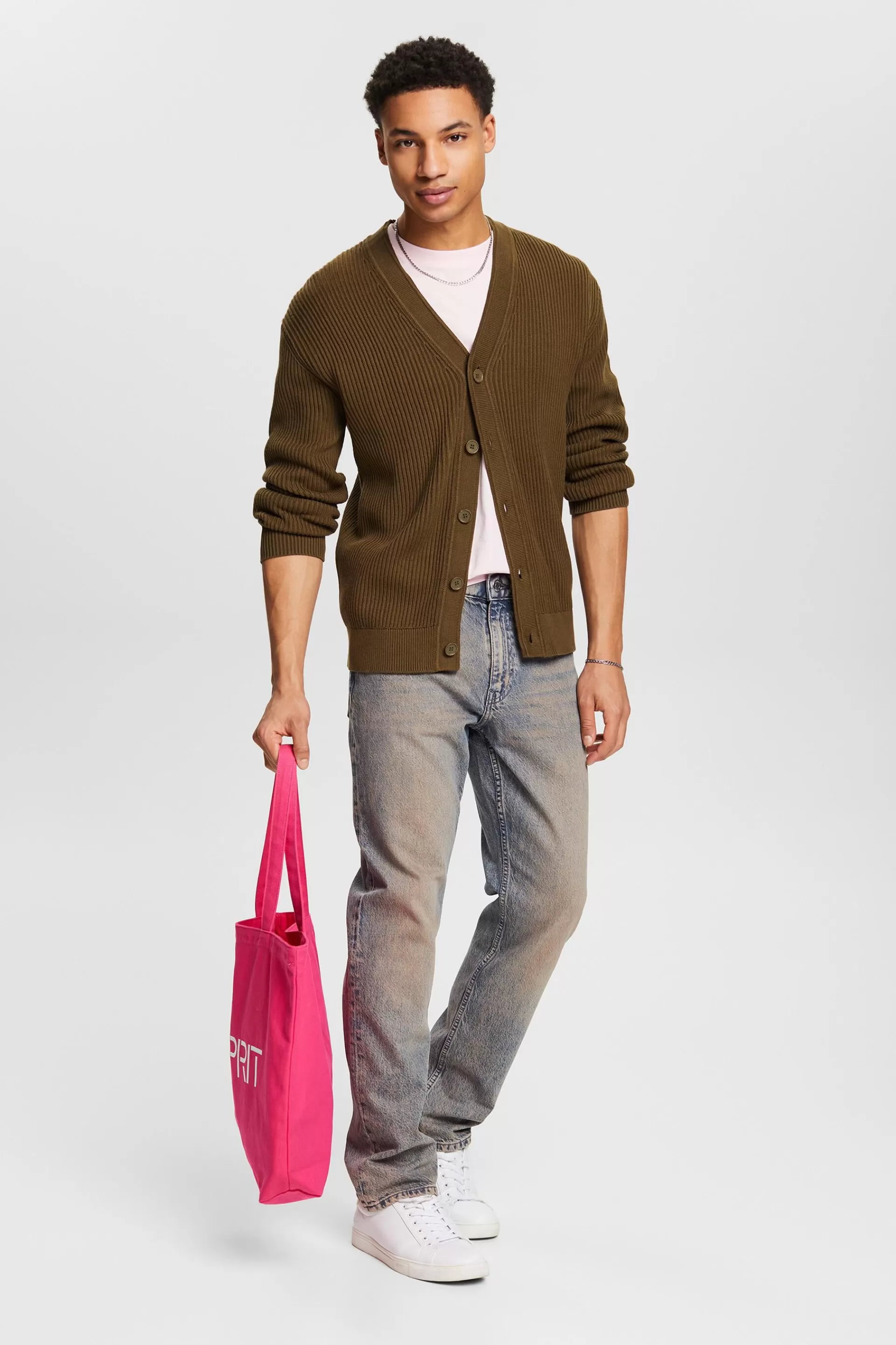 Rippstrickcardigan mit V-Ausschnitt-ESPRIT Fashion