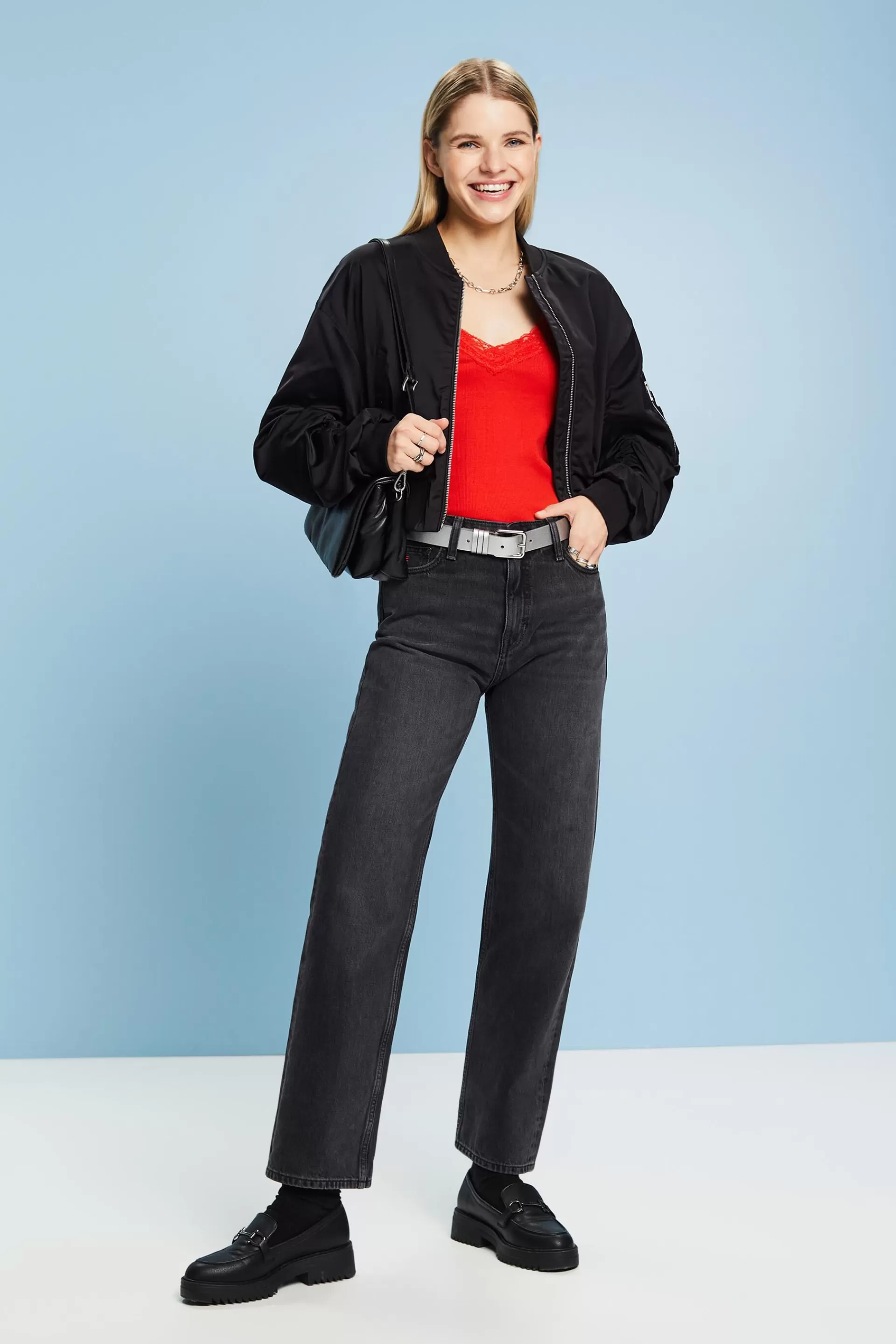 Rippstrick-Top mit Jersey und Spitze-ESPRIT Sale