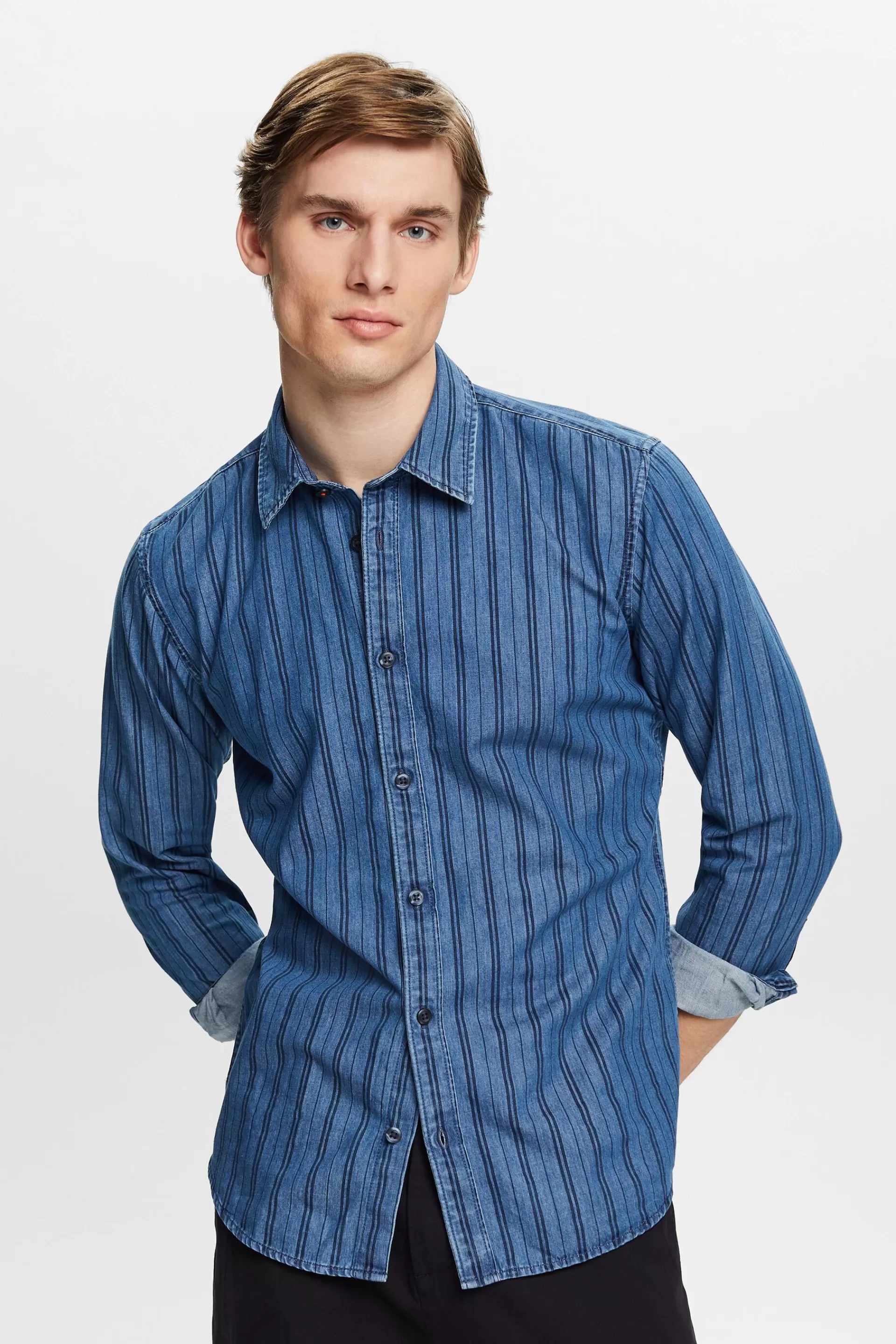 Schmal geschnittenes Jeanshemd mit Streifen-ESPRIT Best Sale