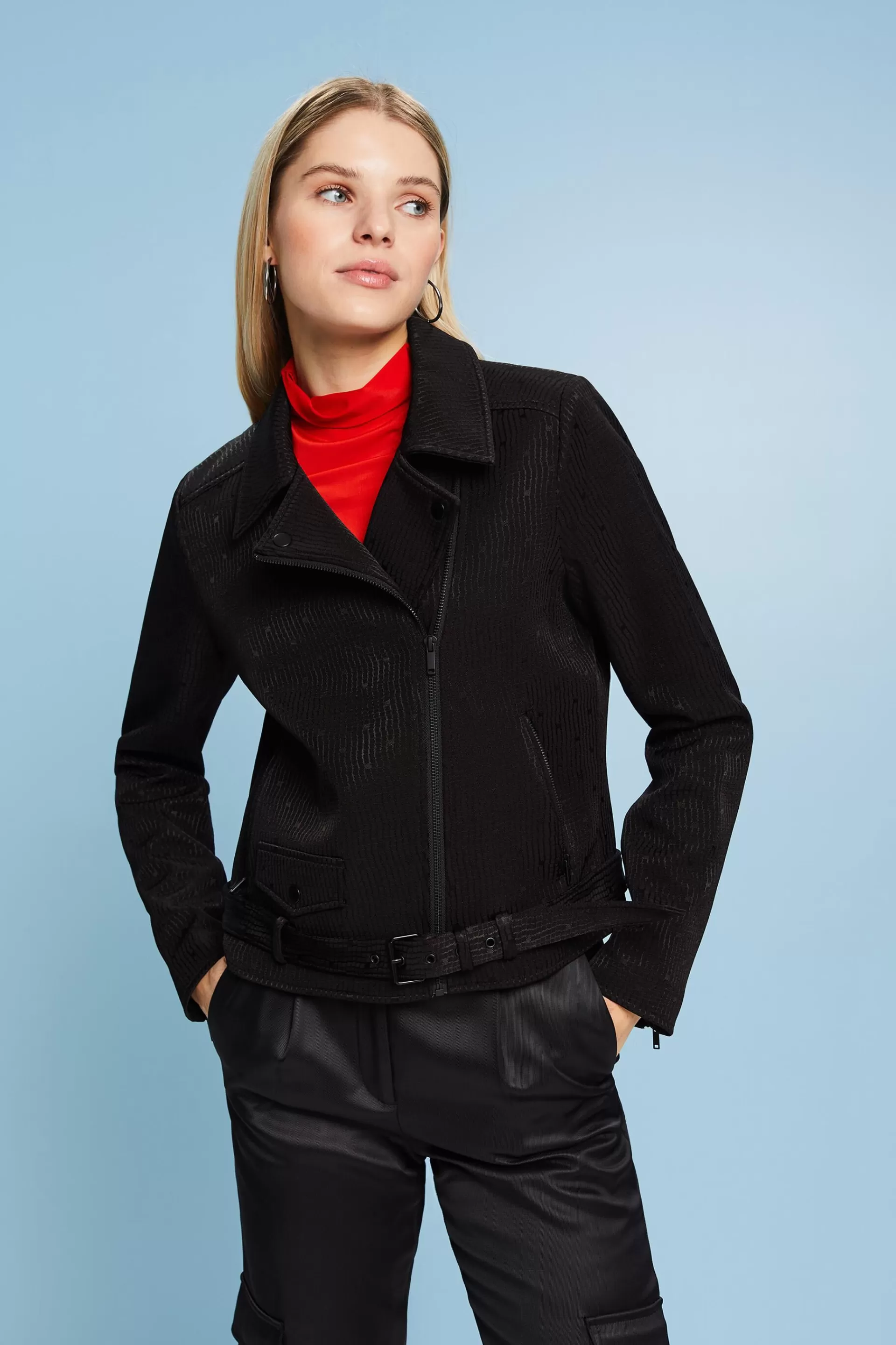 Strukturierte Biker-Jacke mit Jacquardmuster-ESPRIT Online