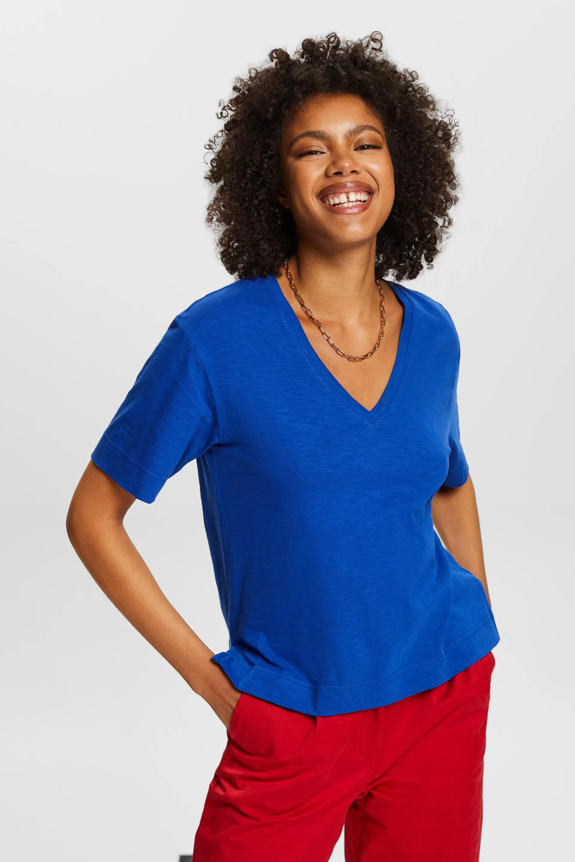 T-Shirt mit V-Ausschnitt und Slub-Struktur-ESPRIT Cheap