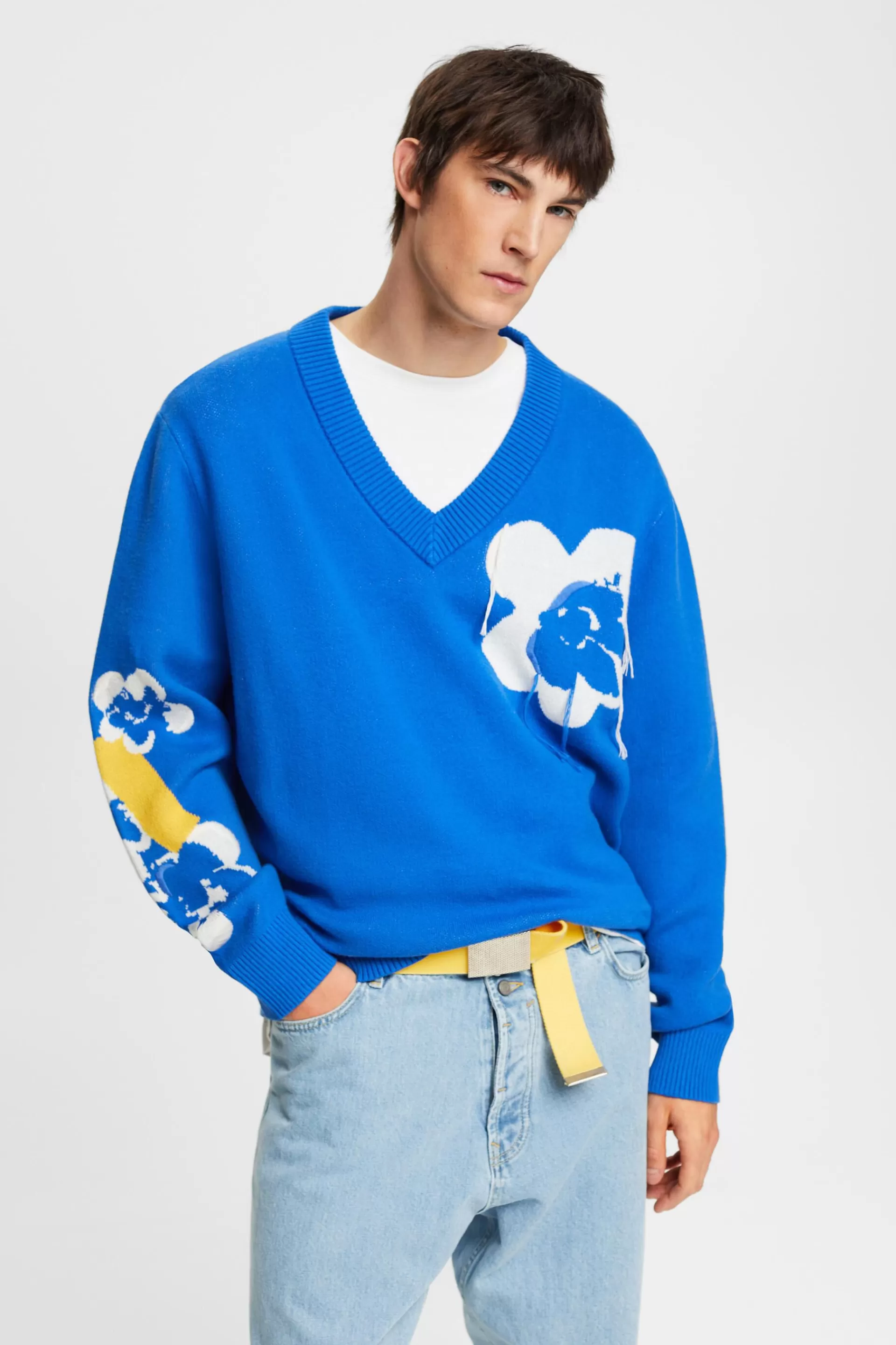 V-Ausschnitt-Sweater mit floralem Jacquardmuster-ESPRIT New