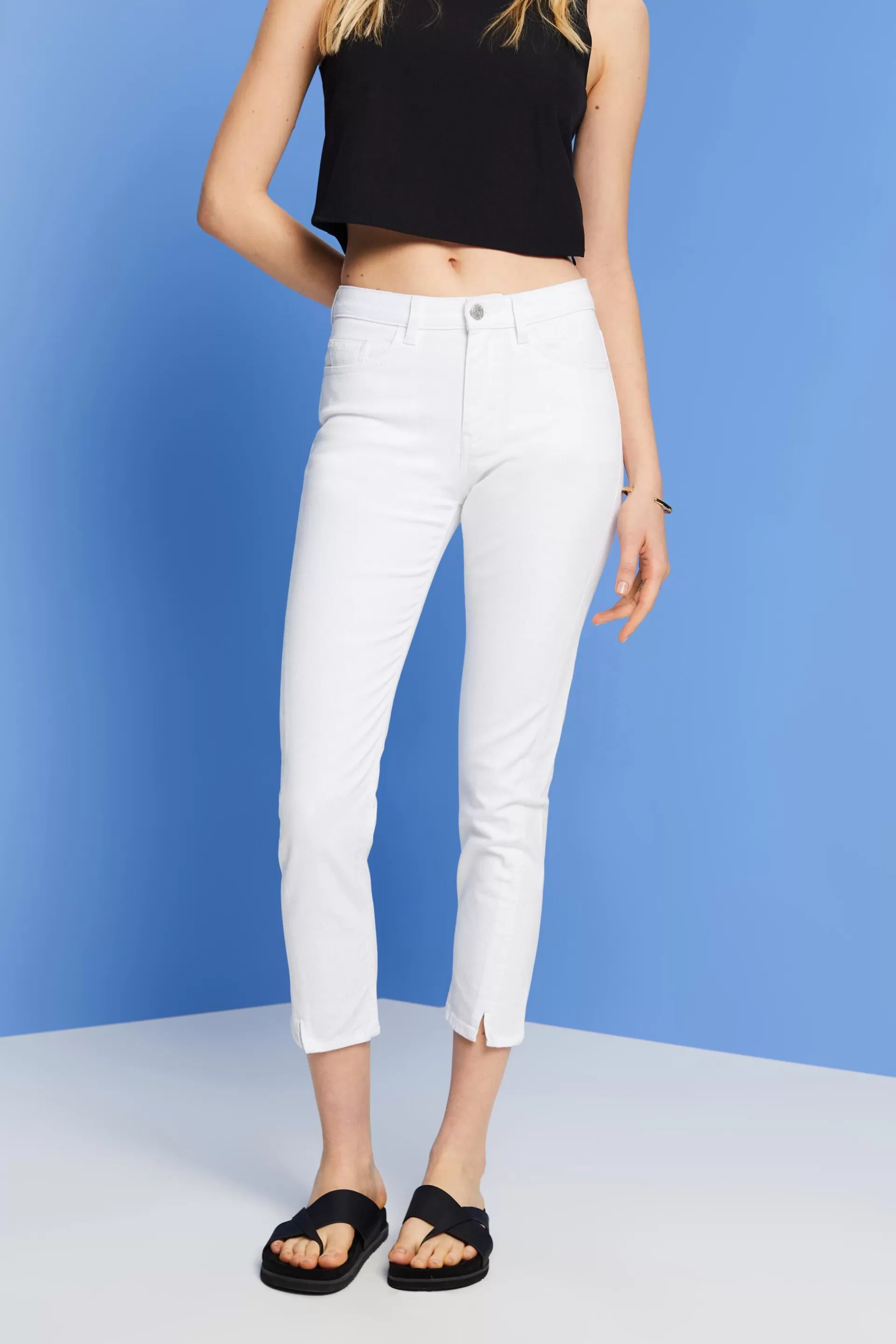 Verkürzte Stretch-Jeans mit Saumschlitzen-ESPRIT Clearance