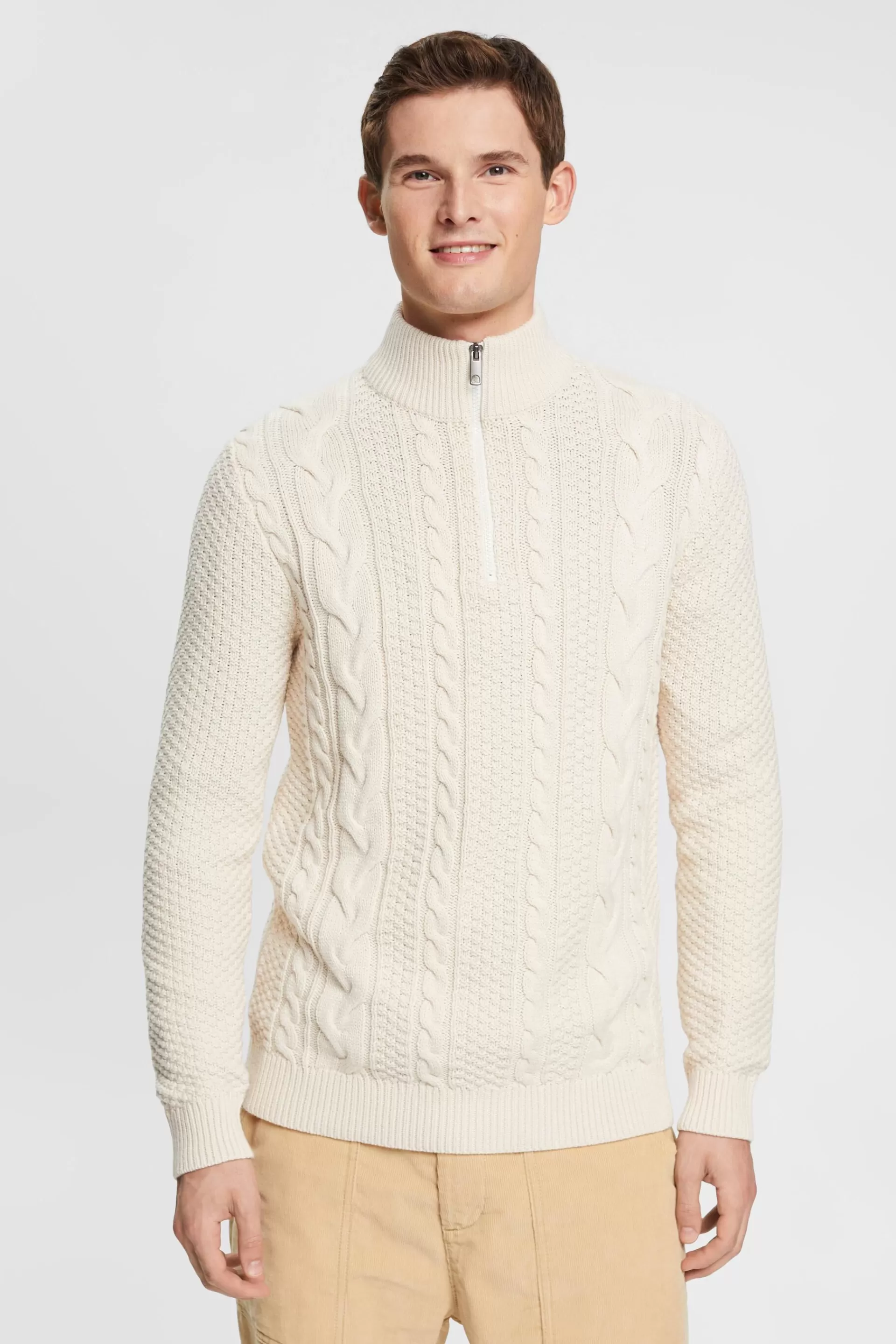Zopfstrickpullover mit kurzem Reißverschluss-ESPRIT Discount